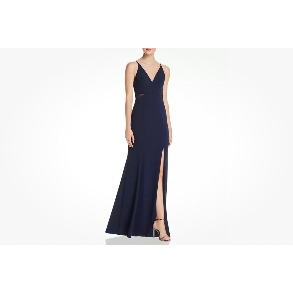 Aqua Women Gown Sz. 2 Sleeveless V-Neck Illusion Fully Lined slit Maxi dress EUC